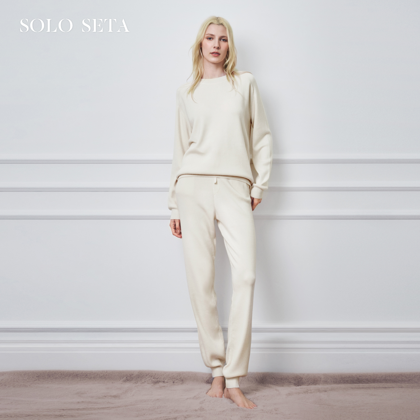 Solo seta女士纯色桑蚕丝绵羊毛山羊绒针织长袖长裤睡衣家居服