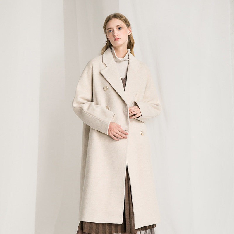 Famecoco范可儿双排扣气质呢子大衣女士冬季经典百搭长款外套F198AC117
