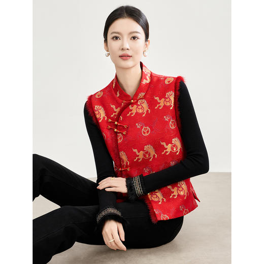 福马贺岁水貂毛斜襟盘扣提花新中式夹棉马甲外套WLZD2517304 商品图0
