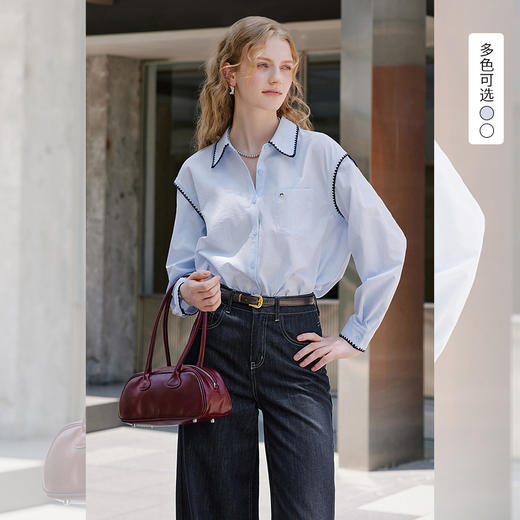 西遇miu系学院风长袖衬衫女2026年春季新款拼接刺绣法式衬衣上衣SS060101 商品图0