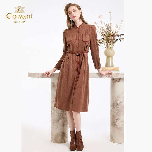 乔万尼新品鎏金复古感混色纺收腰系带衬衫式连衣裙ED4E785 商品图3