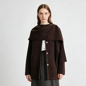 Famecoco范可儿设计感围巾领开衫软糯羊毛针织外套短款FAD8AB107