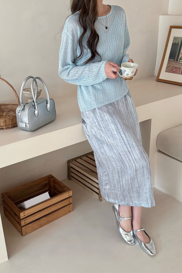 Le Malene 清新蓝气质配腰带连衣裙两件套装 22041