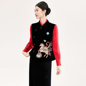 春款新品新中式真丝丝绒马上有钱刺绣马甲WLZD2601301
