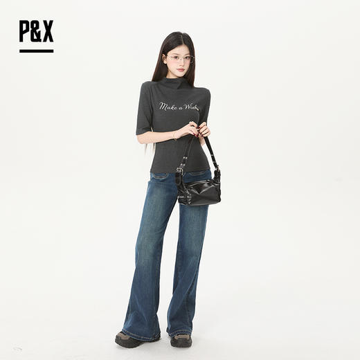 P&X设计师女装2026春季字母半高领半袖修身T恤 826102095 灰色 商品图1