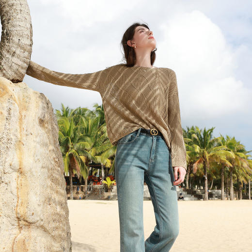 三彩2026春季新款镂空肌理针织衫微透罩衫套头轻薄毛衫慵懒度假M 商品图1