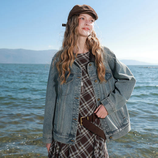 三彩2026春季新款牛仔外套PU翻领单排扣夹克开衫复古水洗宽松M 商品图3