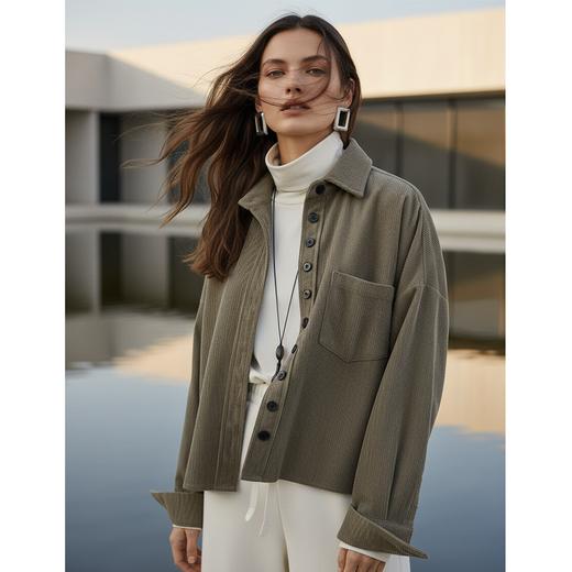 Famecoco范可儿文艺休闲落肩条绒衬衫宽松短款加厚上衣FAD8BH103 商品图1