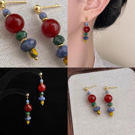【雪域骄阳藏风耳钉】复古新中式天然石串珠耳环 手工设计款国风油画感气质耳饰 商品图0
