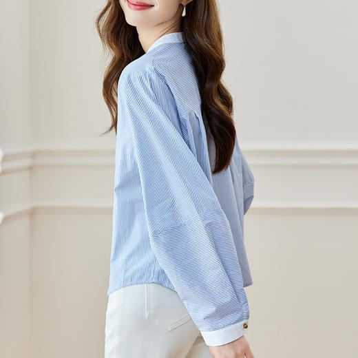 春款【蓝条纹衬衫】长袖秋装新款 圆领上衣韩版时尚百搭衬衣  商品图2