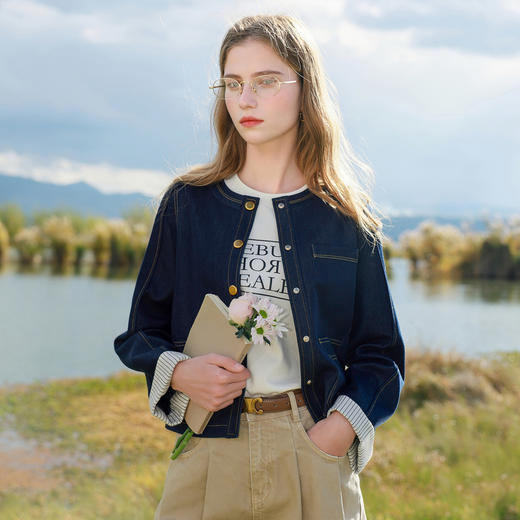 三彩2026春季新款仿牛仔外套明线口袋夹克开衫短款小个子M 商品图1