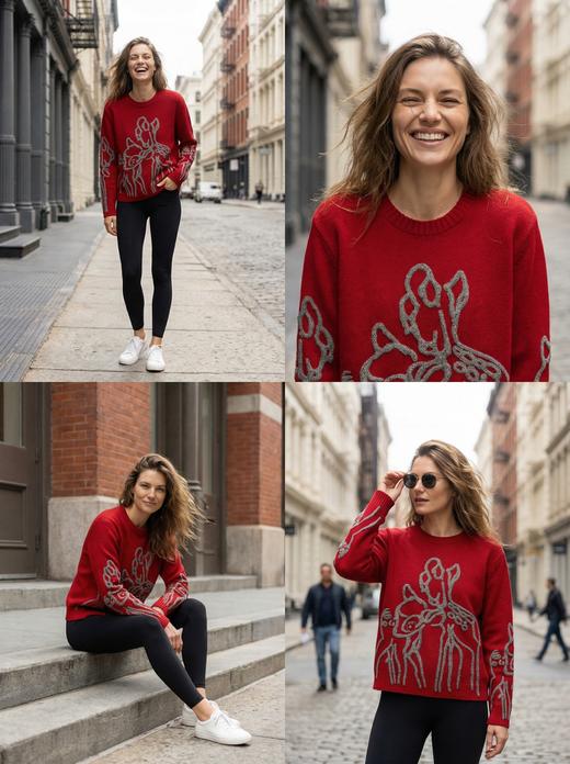 KINGDEER/KD新款女式时尚休闲羊绒衫 约330g L805575轻运动/花朵/休闲款100%山羊绒鹿王 红色 商品图2