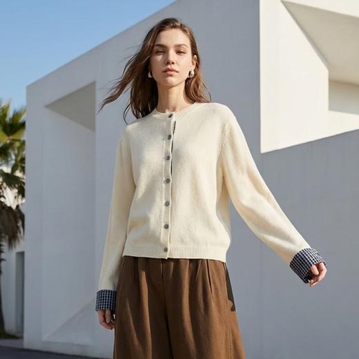 Famecoco范可儿100%绵羊毛开身毛衫格纹拼接短款针织衫FAD8DA108 商品图1