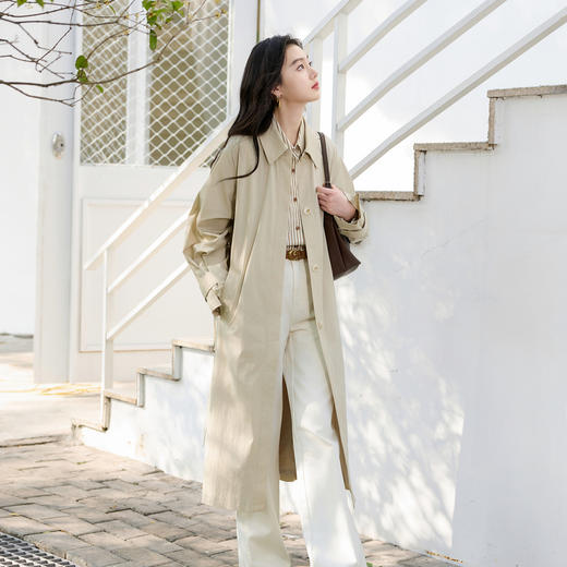 三彩2026春季新款宽松长款风衣外套长袖单排扣开衫通勤气质S 商品图1