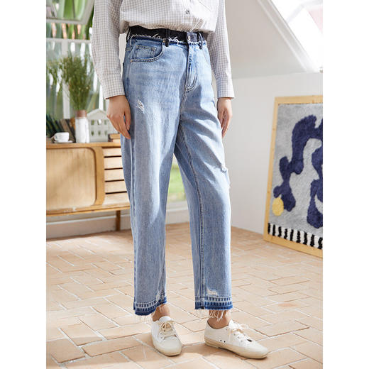 Famecoco范可儿直筒牛仔裤女士破洞宽松浅色长裤F205GA005 商品图3