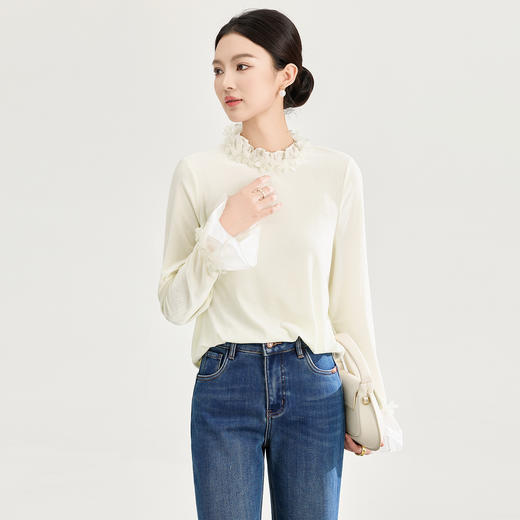 法式浪漫高贵洋气四方立绒衬衫，蕾丝花瓣领上装WLZD2517308 商品图2