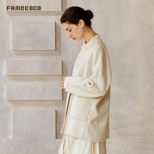 Famecoco范可儿中式凤凰刺绣宽松短款一粒扣双面呢外套FAC8AR005 商品图2
