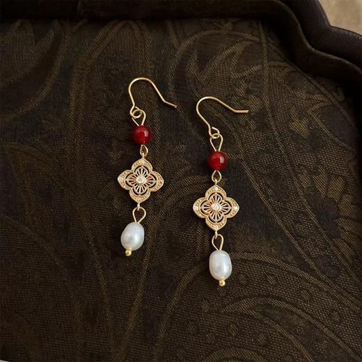 【宝相珍珠耳坠】复古新中式天然石串珠耳环 手工设计款国风油画感气质耳饰 商品图5