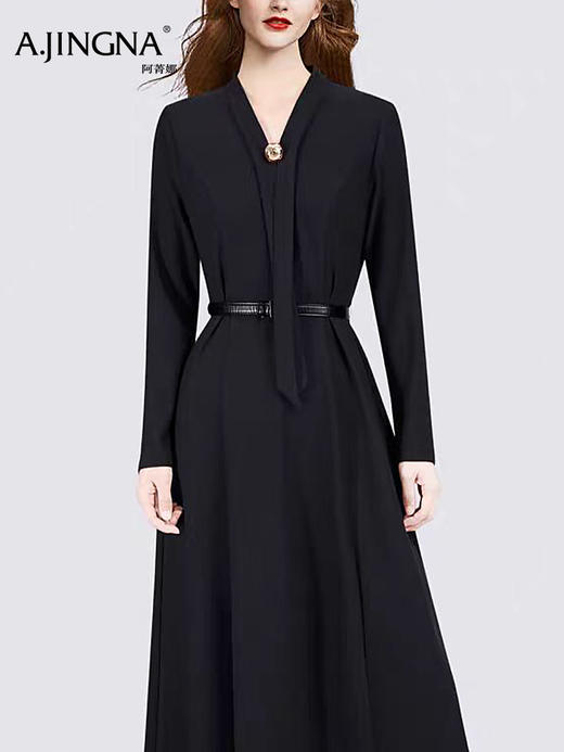 【飘带领】阿菁娜冬季新款飘带领收腰连衣裙酒红复古黑简约一键切换多场合穿搭F31C212006 商品图2