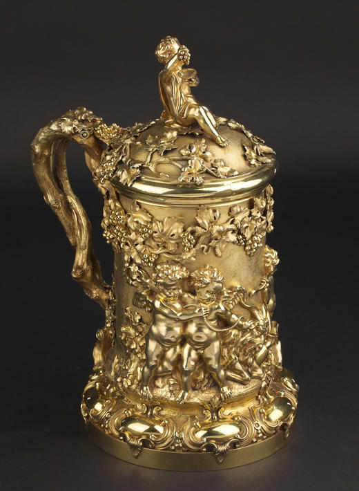 独角鹿西洋古董1830-1840年代英国著名银器工坊Storr & Mortimer签名出品幼年巴克斯主题银鎏金精雕带盖啤酒杯 商品图2