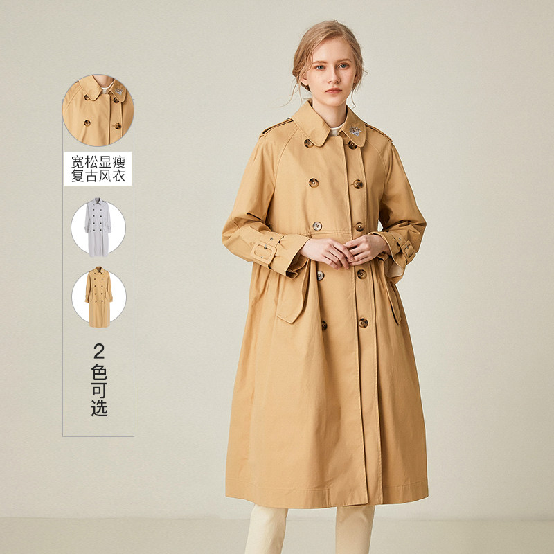 Famecoco范可儿风衣春秋女士中长款宽松休闲卡其色外套F195AA007