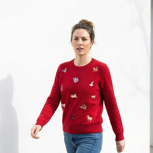 KINGDEER/KD”十二生肖“秋冬新款女式刺绣羊绒衫L805501轻运动/花朵/休闲款鹿王 红色 商品图8