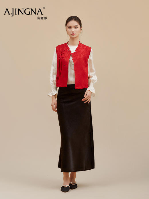 【新年国风】阿菁娜冬季新款新年战袍正红国风马甲缠枝莲祥云提花寓意绵长新年祈福承载东方美意F30D203031 商品图4