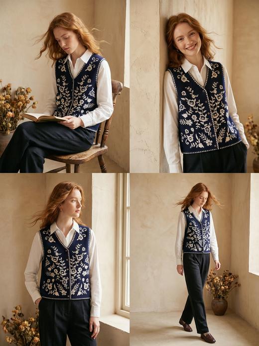 【咕咕同款】King Deer/鹿王秋季上新女式休闲百搭刺绣羊绒马甲L805804复古奶奶风鹿王 商品图0