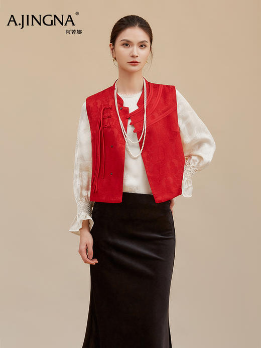 【新年国风】阿菁娜冬季新款新年战袍正红国风马甲缠枝莲祥云提花寓意绵长新年祈福承载东方美意F30D203031 商品图3