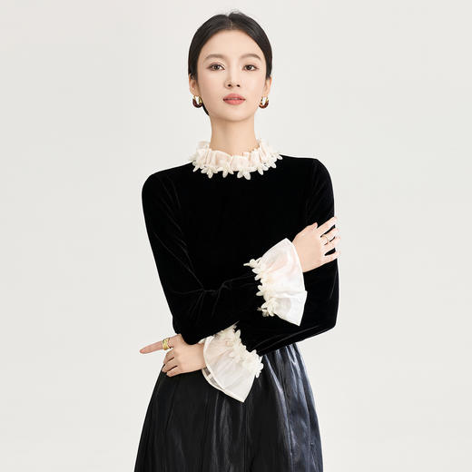 法式浪漫高贵洋气四方立绒衬衫，蕾丝花瓣领上装WLZD2517308 商品图0