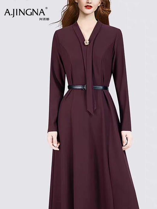 【飘带领】阿菁娜冬季新款飘带领收腰连衣裙酒红复古黑简约一键切换多场合穿搭F31C212006 商品图0