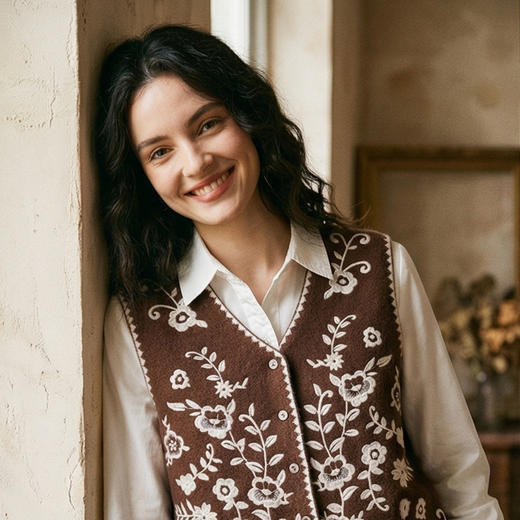 【咕咕同款】King Deer/鹿王秋季上新女式休闲百搭刺绣羊绒马甲L805804复古奶奶风鹿王 商品图8