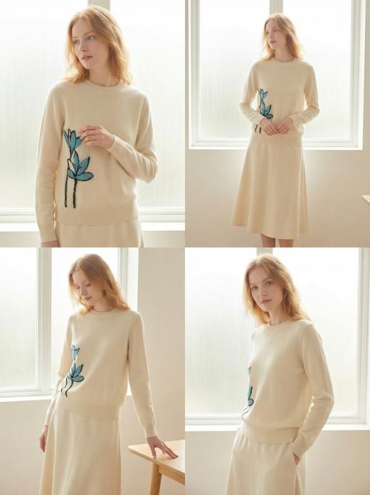 KINGDEER/KD百搭圆领常规大花保暖毛衣休闲套衫羊绒衫L805626温婉奶油款鹿王 商品图4