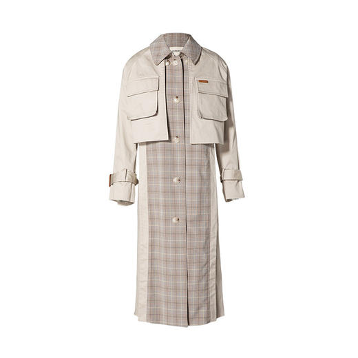 Famecoco范可儿春季长款风衣外套女品牌格子拼接两件套F205AA001 商品图4