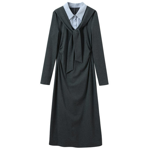 三彩2026春季新款假两件翻领长袖连衣裙休闲收腰A字裙长裙M 商品图4