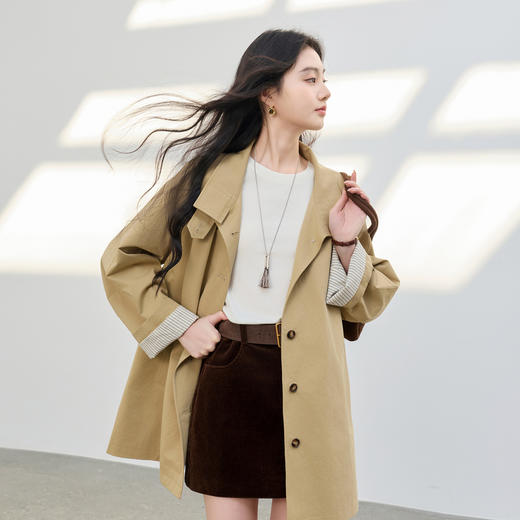 【100棉】三彩2026春季新款宽松中长风衣外套长袖立领开衫通勤M 商品图1