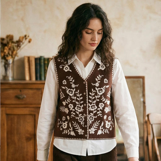 【咕咕同款】King Deer/鹿王秋季上新女式休闲百搭刺绣羊绒马甲L805804复古奶奶风鹿王 商品图13