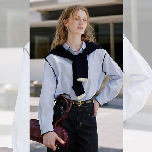 西遇miu系学院风长袖衬衫女2026年春季新款拼接刺绣法式衬衣上衣SS060101 商品图4
