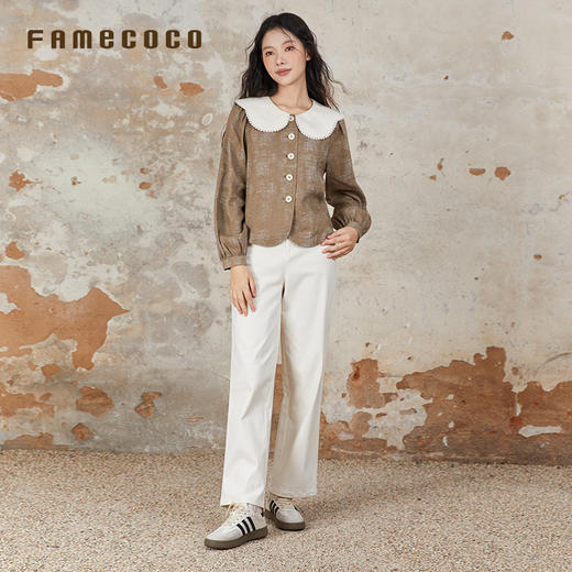 Famecoco范可儿长裤棉质设腰边设计感刺绣印花直筒裤女FAB6GA015 商品图2