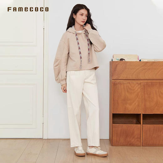 Famecoco范可儿裤子棉质双腰头直筒长裤松紧腰通勤风FAB6GA012 商品图3