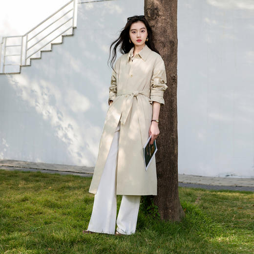 三彩2026春季新款宽松长款风衣外套长袖单排扣开衫通勤气质S 商品图2