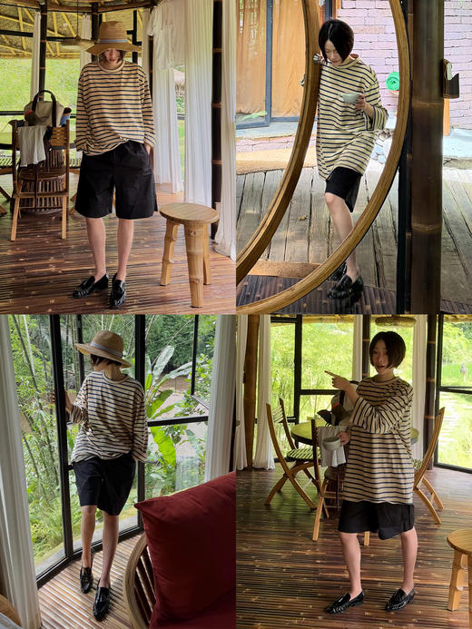 hidemi副线小h 少年感圆领撞色宽松条纹长袖T恤 商品图1