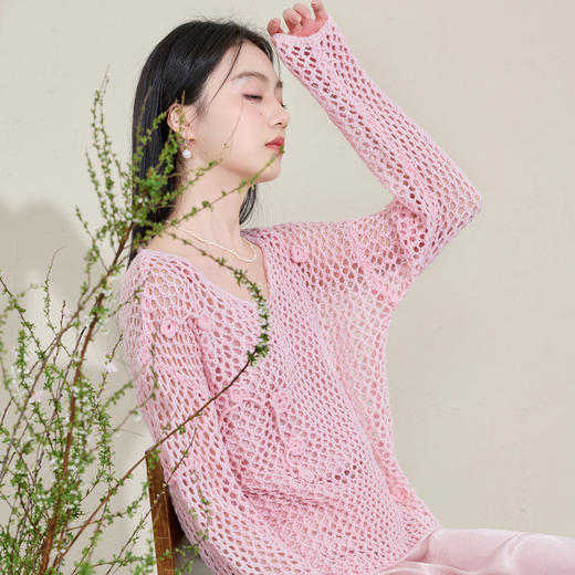 三彩【梦里浮花】2026春季新款新中式针织衫镂空花朵罩衫C 商品图2