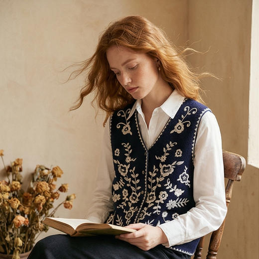 【咕咕同款】King Deer/鹿王秋季上新女式休闲百搭刺绣羊绒马甲L805804复古奶奶风鹿王 商品图4