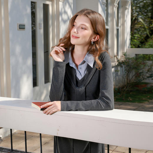 三彩2026春季新款假两件翻领长袖连衣裙休闲收腰A字裙长裙M 商品图1