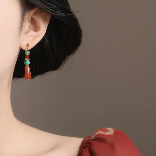 【绿云红雪耳坠】复古新中式天然石串珠耳环 手工设计款国风油画感气质耳饰 商品图4