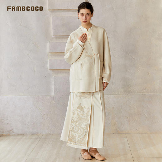 Famecoco范可儿中式凤凰刺绣宽松短款一粒扣双面呢外套FAC8AR005 商品图4