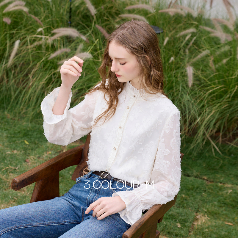三彩2026春季新款剪花提花宽松衬衫小衫木耳边花边立领衬衣M