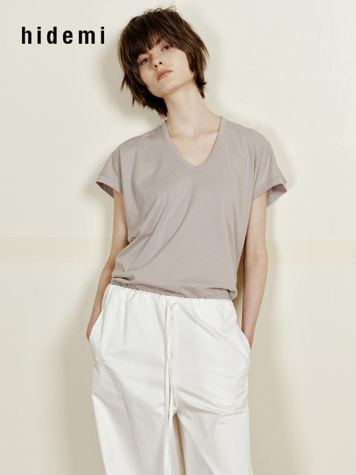 hidemi副线小h V领百搭小飞袖短袖T恤 商品图7