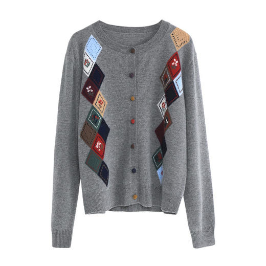 「自」全新升级【铂金会员349/天猫469/差价120】(21728)洛诗琳新款羊毛开衫2026春季时尚通勤百搭撞色菱形格圆领针织外套 商品图4